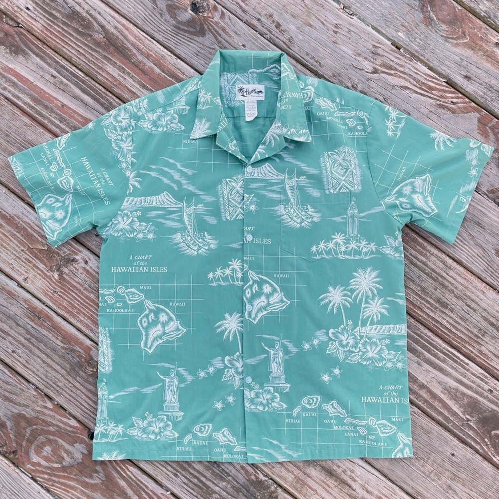 Vintage Howie Hawaiian Islands Map Button Down Shirt XL